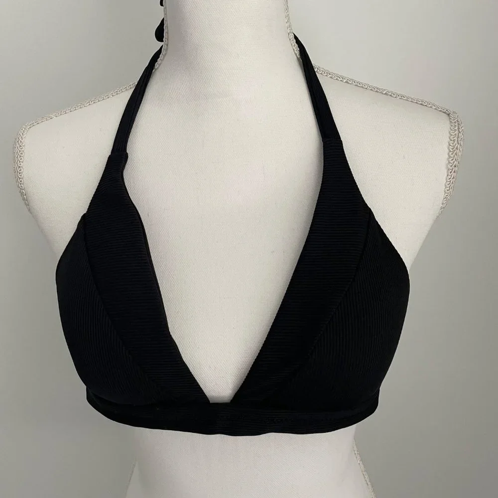 Becca Black Swimsuit Bikini Top V-Neck Fine Line Lrg Ties Neck and Back